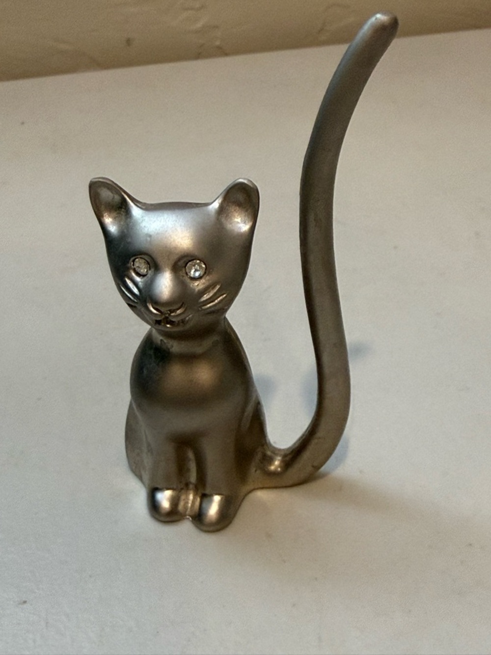 Vintage Cat Metal Ring Holder Rhinestone Eyes Silver Tone